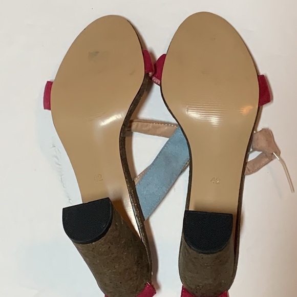 Color Block Suede Sandals Ankle Strap Block Heel New - Picture 5 of 5